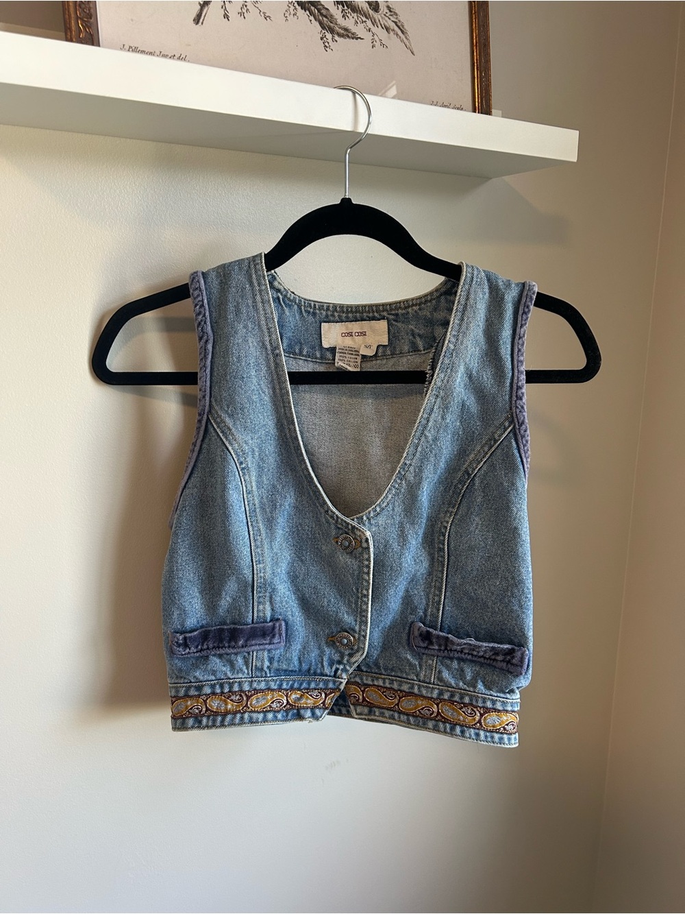 Vintage Cropped Denim Vest with Embroidered Trim